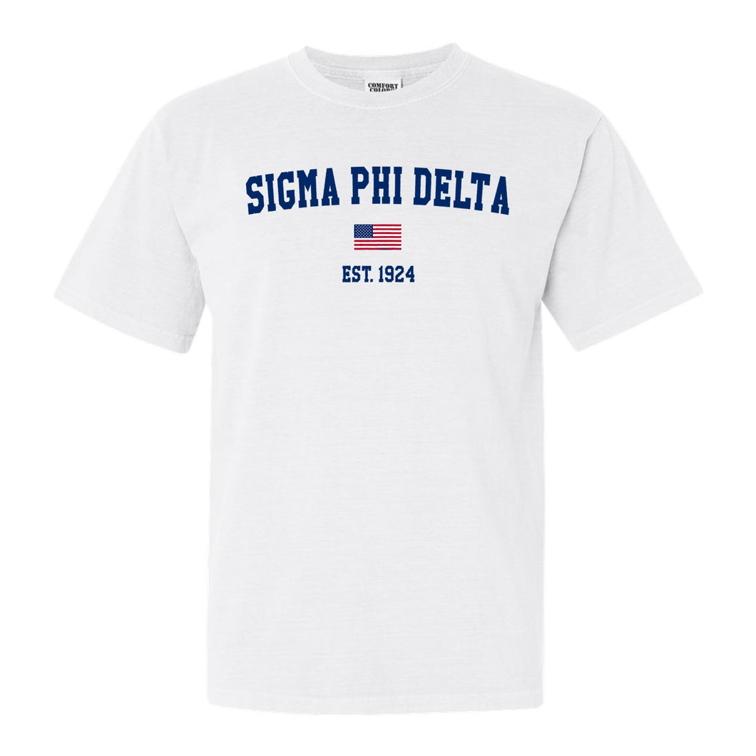 Sigma Phi Delta USA Flag Comfort Colors T-Shirt - Fraternity Tee - Kite and Crest