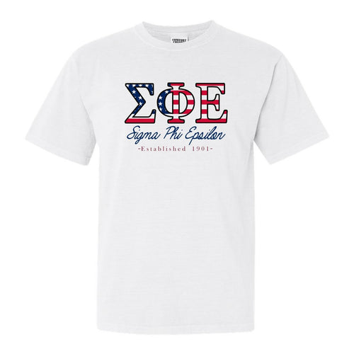 Sigma Phi Epsilon Comfort Colors T-Shirt - Sig Ep American Flag Letters Shirt - Kite and Crest