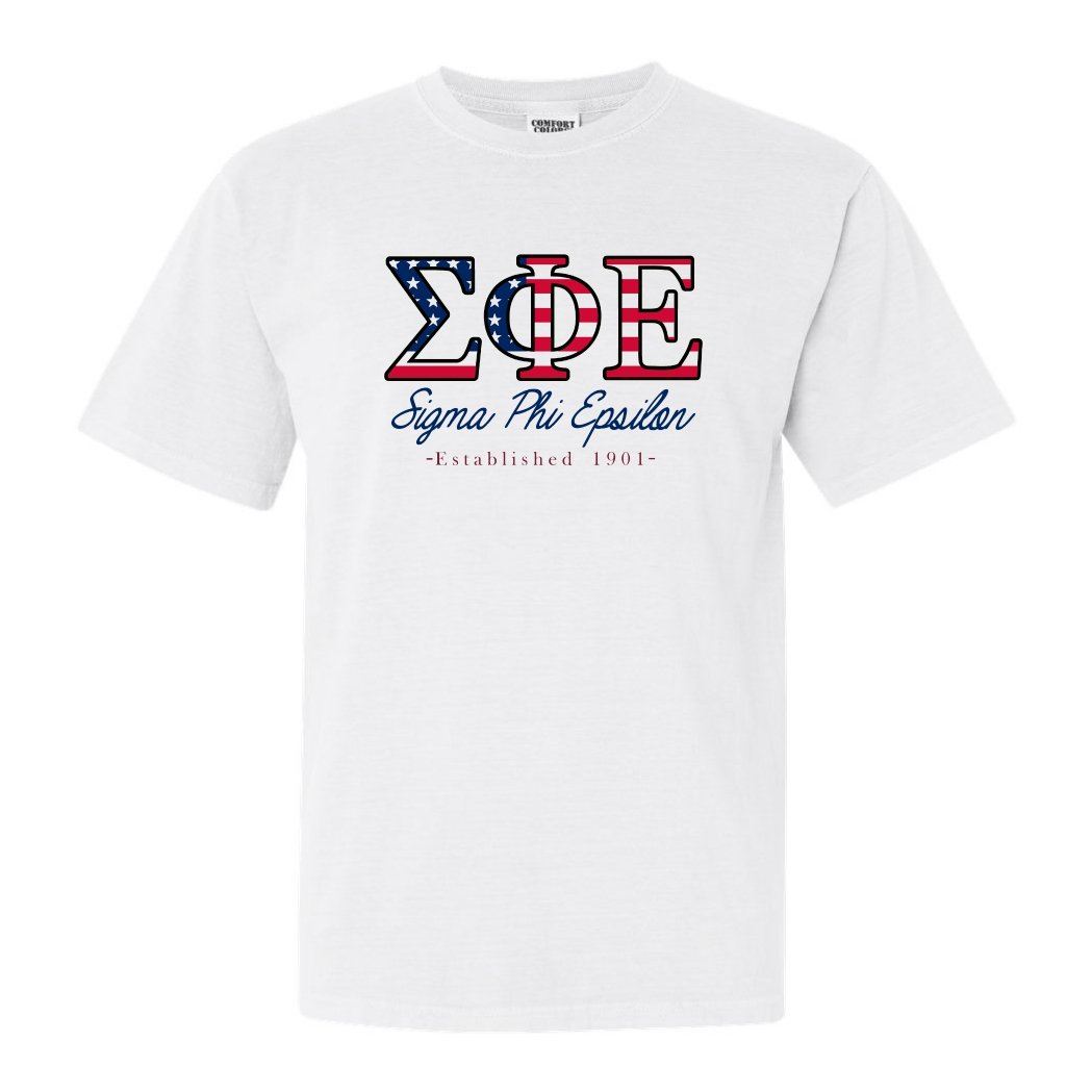 Sigma Phi Epsilon Comfort Colors T-Shirt - Sig Ep American Flag Letters Shirt - Kite and Crest