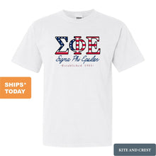 Load image into Gallery viewer, Sigma Phi Epsilon Comfort Colors T-Shirt - Sig Ep American Flag Letters Shirt - Kite and Crest
