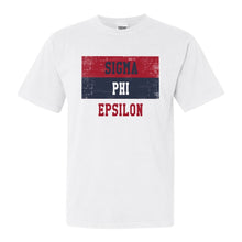 Load image into Gallery viewer, Sigma Phi Epsilon Comfort Colors T-Shirt - Sig Ep Colorful Stripe Shirt - Kite and Crest
