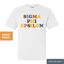Load image into Gallery viewer, Sigma Phi Epsilon Comfort Colors T-Shirt - Sig Ep Retro Letters Shirt - Kite and Crest
