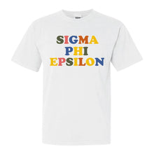 Load image into Gallery viewer, Sigma Phi Epsilon Comfort Colors T-Shirt - Sig Ep Retro Letters Shirt - Kite and Crest
