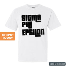 Load image into Gallery viewer, Sigma Phi Epsilon Comfort Colors T-Shirt - Sig Ep Stacked Letters Shirt - Kite and Crest
