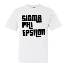 Load image into Gallery viewer, Sigma Phi Epsilon Comfort Colors T-Shirt - Sig Ep Stacked Letters Shirt - Kite and Crest
