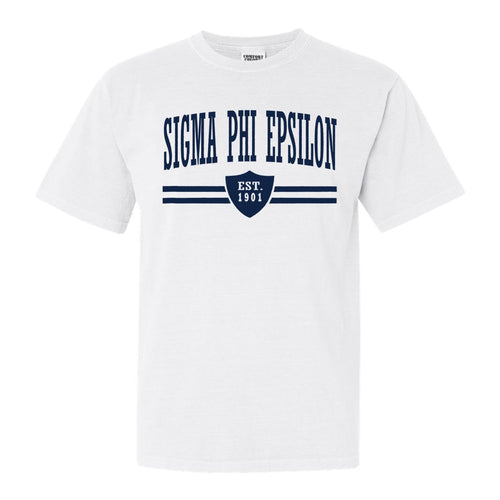Sigma Phi Epsilon Comfort Colors T-Shirt - Sig Ep Striped Shield Shirt - Kite and Crest