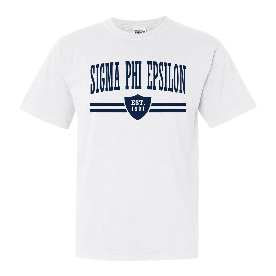 Sigma Phi Epsilon Comfort Colors T-Shirt - Sig Ep Striped Shield Shirt - Kite and Crest