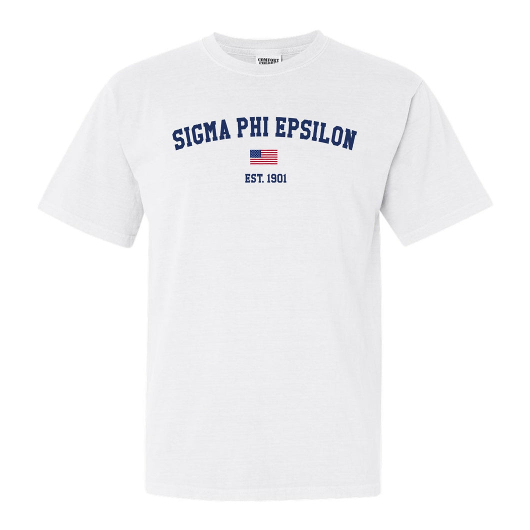 Sigma Phi Epsilon Comfort Colors T-Shirt - Sig Ep USA Flag Shirt - Kite and Crest
