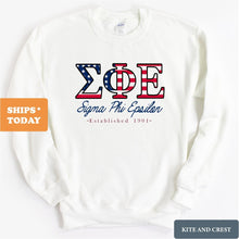 Load image into Gallery viewer, Sigma Phi Epsilon Sweatshirt - Sig Ep American Flag Letters Crewneck Sweatshirt - Kite and Crest
