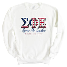 Load image into Gallery viewer, Sigma Phi Epsilon Sweatshirt - Sig Ep American Flag Letters Crewneck Sweatshirt - Kite and Crest
