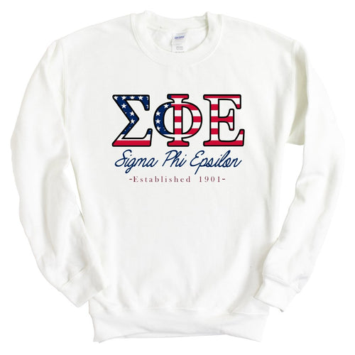 Sigma Phi Epsilon Sweatshirt - Sig Ep American Flag Letters Crewneck Sweatshirt - Kite and Crest