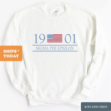 Load image into Gallery viewer, Sigma Phi Epsilon Sweatshirt - Sig Ep Flag Year Crewneck Sweatshirt - Kite and Crest
