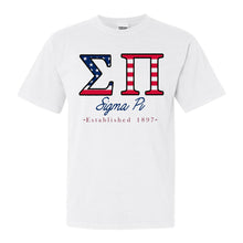 Load image into Gallery viewer, Sigma Pi Comfort Colors T-Shirt - Sigma Pi American Flag Letters Shirt - Kite and Crest
