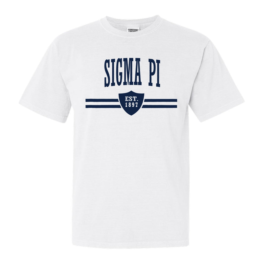Sigma Pi Comfort Colors T-Shirt - Sigma Pi Striped Shield Shirt - Kite and Crest