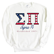 Load image into Gallery viewer, Sigma Pi Sweatshirt - Sigma Pi American Flag Letters Crewneck Sweatshirt - Kite and Crest
