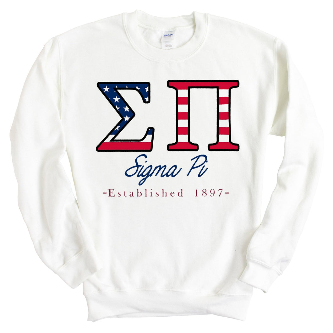 Sigma Pi Sweatshirt - Sigma Pi American Flag Letters Crewneck Sweatshirt - Kite and Crest