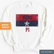 Load image into Gallery viewer, Sigma Pi Sweatshirt - Sigma Pi Colorful Stripe Crewneck Sweatshirt - Kite and Crest
