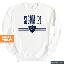 Load image into Gallery viewer, Sigma Pi Sweatshirt - Sigma Pi Striped Shield Crewneck Sweatshirt - Kite and Crest
