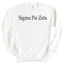 Load image into Gallery viewer, Sigma Psi Zeta Black Written Crewneck Sweatshirt - Kite and Crest
