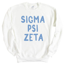 Load image into Gallery viewer, Sigma Psi Zeta Blue Bubble Letters Crewneck Sweatshirt - Kite and Crest
