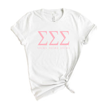 Load image into Gallery viewer, Sigma Sigma Sigma Pink Letter Sorority T-Shirt Shirt Tee - Kite and Crest
