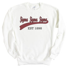 Load image into Gallery viewer, Sigma Sigma Sigma Sweatshirt | Tri Sigma Baseball Crewneck Sweatshirt | Sigma Sigma Sigma Sorority Gift Idea - Kite and Crest
