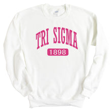 Load image into Gallery viewer, Sigma Sigma Sigma Sweatshirt | Tri Sigma Large Established Crewneck Sweatshirt | Sigma Sigma Sigma Sorority Gift Idea - Kite and Crest
