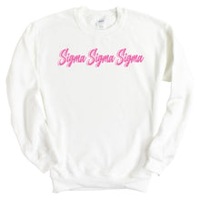Load image into Gallery viewer, Sigma Sigma Sigma Sweatshirt | Tri Sigma Neon Pink Colored Crewneck Sweatshirt | Sigma Sigma Sigma Sorority Gift Idea - Kite and Crest

