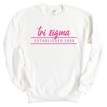 Load image into Gallery viewer, Sigma Sigma Sigma Sweatshirt | Tri Sigma Pink Established Crewneck Sweatshirt | Sigma Sigma Sigma Sorority Gift Idea - Kite and Crest
