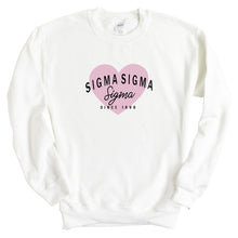 Load image into Gallery viewer, Sigma Sigma Sigma Sweatshirt | Tri Sigma Pink Heart Crewneck Sweatshirt | Sigma Sigma Sigma Sorority Gift Idea - Kite and Crest
