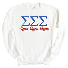 Load image into Gallery viewer, Sigma Sigma Sigma Sweatshirt | Tri Sigma Red and Blue Crewneck Sweatshirt | Sigma Sigma Sigma Sorority Gift Idea - Kite and Crest
