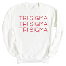 Load image into Gallery viewer, Sigma Sigma Sigma Sweatshirt | Tri Sigma Red and Stacked Crewneck Sweatshirt | Sigma Sigma Sigma Sorority Gift Idea - Kite and Crest
