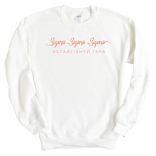 Load image into Gallery viewer, Sigma Sigma Sigma Sweatshirt | Tri Sigma White Script Letter Crewneck Sweatshirt | Sigma Sigma Sigma Sorority Gift Idea - Kite and Crest
