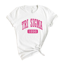 Load image into Gallery viewer, Sigma Sigma Sigma T-Shirt | Tri Sigma Large Established Shirt | Sigma Sigma Sigma Sorority Gift Idea - Kite and Crest
