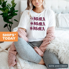 Load image into Gallery viewer, Sigma Sigma Sigma T-Shirt | Tri Sigma Old Type Written Shirt | Sigma Sigma Sigma Sorority Gift Idea - Kite and Crest
