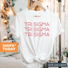 Load image into Gallery viewer, Sigma Sigma Sigma T-Shirt | Tri Sigma Red and Stacked Shirt | Sigma Sigma Sigma Sorority Gift Idea - Kite and Crest
