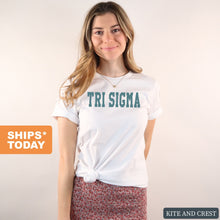 Load image into Gallery viewer, Sigma Sigma Sigma T-shirt - Tri Sigma (ΣΣΣ) Blue Retro Tee - Kite and Crest
