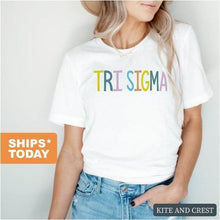Load image into Gallery viewer, Sigma Sigma Sigma T-shirt - Tri Sigma (ΣΣΣ) Colorful Lined Tee - Kite and Crest
