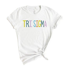 Load image into Gallery viewer, Sigma Sigma Sigma T-shirt - Tri Sigma (ΣΣΣ) Colorful Lined Tee - Kite and Crest
