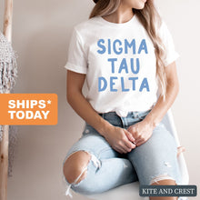 Load image into Gallery viewer, Sigma Tau Delta Blue Cotton Candy Comfort Colors T-Shirt - Kite and Crest

