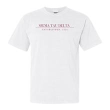 Load image into Gallery viewer, Sigma Tau Delta Boyfriend Comfort Colors T-Shirt - Kite and Crest
