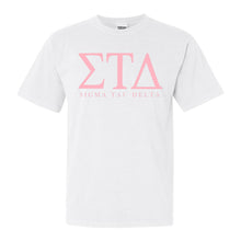 Load image into Gallery viewer, Sigma Tau Delta Classic Pink Letters Comfort Colors T-Shirt - Kite and Crest

