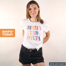 Load image into Gallery viewer, Sigma Tau Delta Colorful 3D Comfort Colors T-Shirt - Kite and Crest
