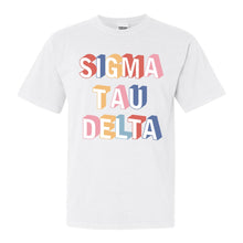 Load image into Gallery viewer, Sigma Tau Delta Colorful 3D Comfort Colors T-Shirt - Kite and Crest
