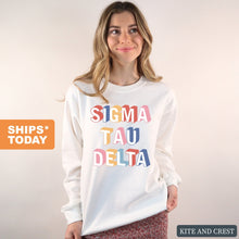 Load image into Gallery viewer, Sigma Tau Delta Colorful 3D Sweatshirt - Fraternity Crewneck Sweatshirt - Kite and Crest
