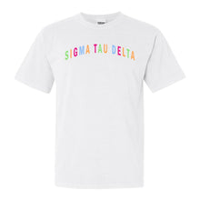 Load image into Gallery viewer, Sigma Tau Delta Greek Rainbow Comfort Colors T-Shirt - Kite and Crest
