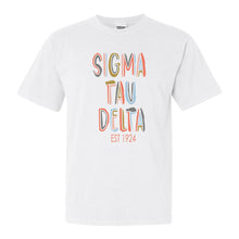 Load image into Gallery viewer, Sigma Tau Delta Pastel Stencil Comfort Colors T-Shirt - Kite and Crest
