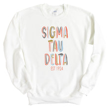 Load image into Gallery viewer, Sigma Tau Delta Pastel Stencil Sweatshirt - Fraternity Crewneck Sweatshirt - Kite and Crest
