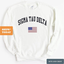 Load image into Gallery viewer, Sigma Tau Delta Traditional Flag Sweatshirt - Fraternity Crewneck Sweatshirt - Kite and Crest
