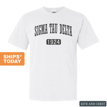 Load image into Gallery viewer, Sigma Tau Delta Weekender Comfort Colors T-Shirt - Kite and Crest
